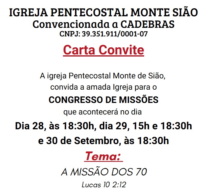 Congresso de Missões Igreja Pentecostal Monte Sião